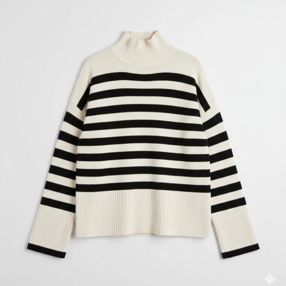 Zara Oversized Navy & Ecru Striped Knit Sweater Crew Neck Nautical Small